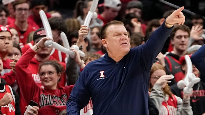 Feb 1, 2024; Columbus, Ohio, USA; Illinois Fighting Illini head coach Brad Underwood motions from the bench during the second half of the NCAA men's basketball game against the Ohio State Buckeyes at Value City Arena.