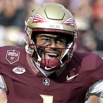 Aug 30, 2025; Tallahassee, Florida, USA; Florida State Seminoles quarterback Tommy Castellanos (1) celebrates after a touchdown against the Alabama Crimson Tide during the second half at Doak S. Campbell Stadium. Mandatory Credit: Melina Myers-Imagn Images