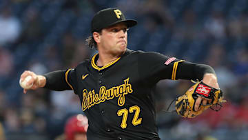 Jul 1, 2025; Pittsburgh, Pennsylvania, USA;  Pittsburgh Pirates relief pitcher Isaac Mattson (72) pitches against the St. Louis Cardinals during the eighth inning at PNC Park. Mandatory Credit: Charles LeClaire-Imagn Images