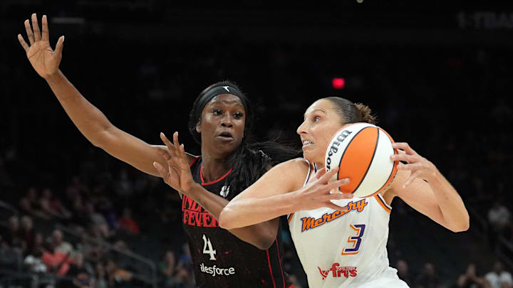 Jun 29, 2022; Phoenix, Arizona, USA; Phoenix Mercury guard Diana Taurasi (3) drives against the Indiana Fever.