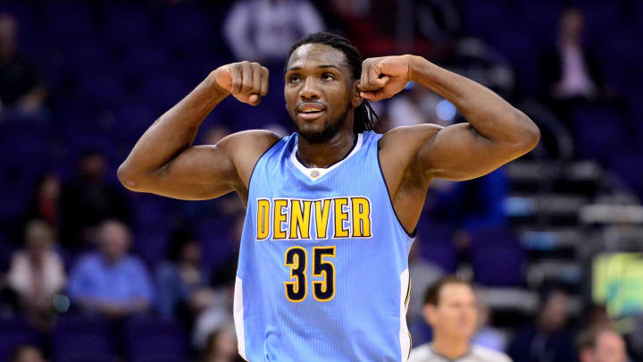 Jan 28, 2017; Phoenix, AZ, USA; Denver Nuggets forward Kenneth Faried (35) reacts after closing out the game against the Phoenix Suns at Talking Stick Resort Arena. The Nuggets won 123-112. Mandatory Credit: Jennifer Stewart-USA TODAY Sports