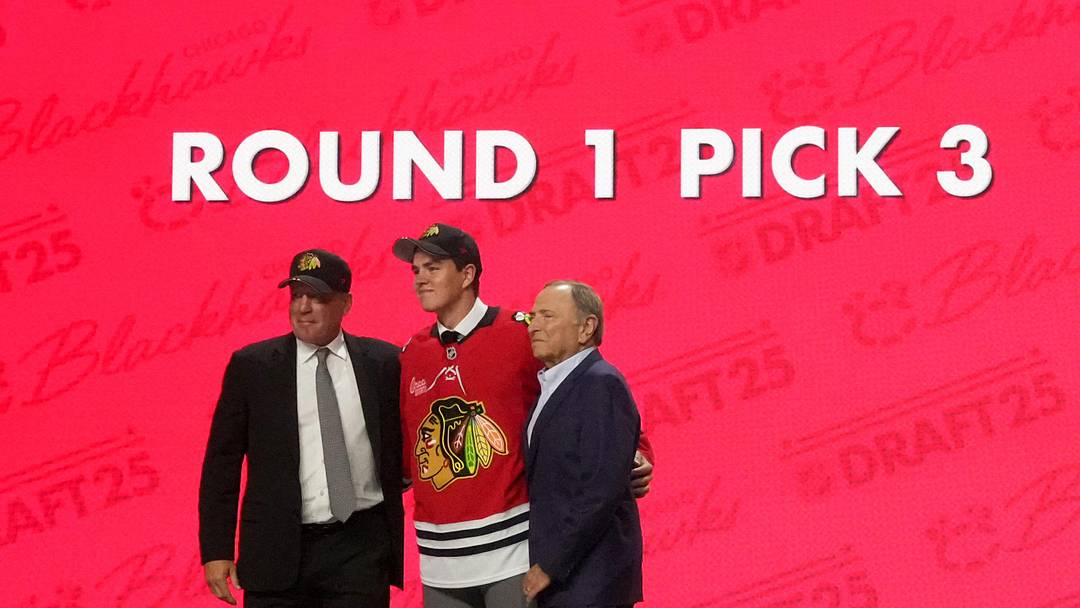 Jun 27, 2025; Los Angeles, California, USA; Anton Frondell is selected as the third overall pick to the Chicago Blackhawks in the first round of the 2025 NHL Draft at Peacock Theater. Mandatory Credit: Kirby Lee-Imagn Images