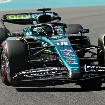 May 4, 2024; Miami Gardens, Florida, USA; Aston Martin driver Lance Stroll (18) during F1 qualifying for Miami Grand Prix at Miami International Autodrome. Mandatory Credit: Peter Casey-USA TODAY Sports