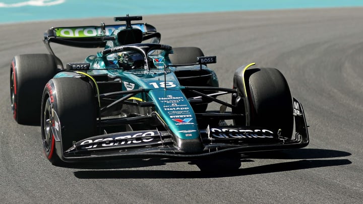 May 4, 2024; Miami Gardens, Florida, USA; Aston Martin driver Lance Stroll (18) during F1 qualifying for Miami Grand Prix at Miami International Autodrome. Mandatory Credit: Peter Casey-USA TODAY Sports