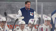 Feb 18, 2024; East Rutherford, New Jersey, USA; New York Rangers head coach Peter Laviolette coaches against the New York Islanders during the third period of a Stadium Series ice hockey game at MetLife Stadium. Mandatory Credit: Brad Penner-Imagn Images