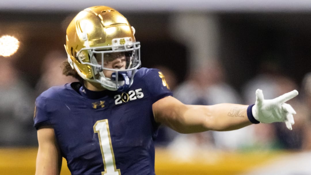 Notre Dame Fighting Irish wide receiver Jaden Greathouse (1) against the Ohio State Buckeyes during the National Championship  at Mercedes-Benz Stadium. 