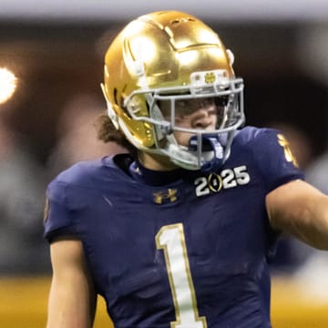 Notre Dame Fighting Irish wide receiver Jaden Greathouse (1) against the Ohio State Buckeyes during the National Championship  at Mercedes-Benz Stadium. 