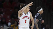 Dec 10, 2025; Houston, Texas, USA; Houston Cougars guard Isiah Harwell (1) reacts after scoring a basket during the first half against the Jackson State Tigers at Fertitta Center. 