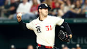 Texas Rangers starting pitcher Tyler Mahle (51) throws during the first inning against the Miami Marlins at Globe Life Field. 