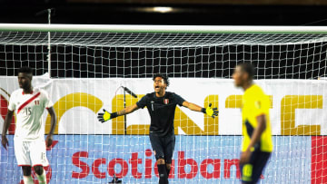 Jun 8, 2016; Glendale, AZ, USA;  Peru goalkeeper Pedro Galleses (1) reacts during the second half against Ecuador during the group play stage of the 2016 Copa America Centenario. at University of Phoenix Stadium. The match ended in a tie 2-2. Mandatory Credit: Allan Henry-USA TODAY Sports