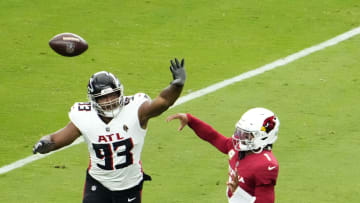 Arizona Cardinals quarterback Kyler Murray (1) throws a pass with pressure from Atlanta Falcons defensive tackle Calais Campbell (93) during his 2023 debut at State Farm Stadium on Nov. 12, 2023, in Glendale.