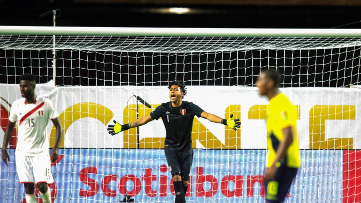 Jun 8, 2016; Glendale, AZ, USA;  Peru goalkeeper Pedro Galleses (1) reacts during the second half against Ecuador during the group play stage of the 2016 Copa America Centenario. at University of Phoenix Stadium. The match ended in a tie 2-2. Mandatory Credit: Allan Henry-USA TODAY Sports