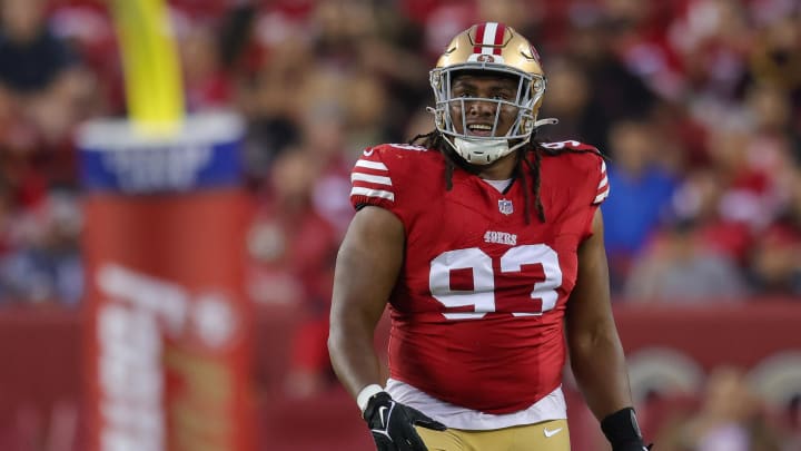 Aug 25, 2023; Santa Clara, California, USA; San Francisco 49ers defensive tackle Kalia Davis (93) during the game against the Los Angeles Chargers at Levi's Stadium. Mandatory Credit: Sergio Estrada-USA TODAY Sports