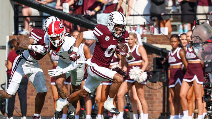 Nov 8, 2025; Starkville, Mississippi, USA; Mississippi State Bulldogs wide receiver Brenen Thompson (0) runs with the ball against the Georgia Bulldogs during the second half at Davis Wade Stadium at Scott Field. Mandatory Credit: Wesley Hale-Imagn Images