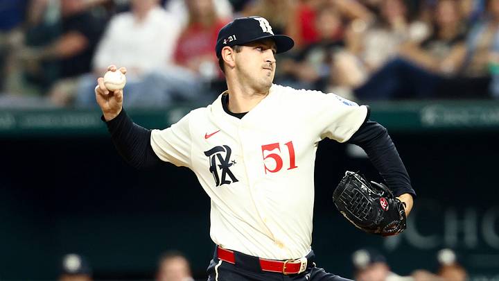 Sep 19, 2025; Arlington, Texas, USA;  Texas Rangers starting pitcher Tyler Mahle (51) throws during the first inning against the Miami Marlins at Globe Life Field. Mandatory Credit: Kevin Jairaj-Imagn Images