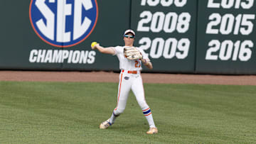 Florida outfielder Kendra Falby (27) fields against Oklahoma during a NCAA softball game at Katie Seashole Pressly Stadium in Gainesville, FL on Saturday, May 3, 2025. [Alan Youngblood/Gainesville Sun]