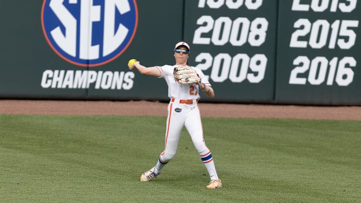 Florida outfielder Kendra Falby (27) fields against Oklahoma during a NCAA softball game at Katie Seashole Pressly Stadium in Gainesville, FL on Saturday, May 3, 2025. [Alan Youngblood/Gainesville Sun]