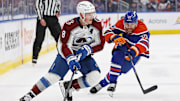 Feb 7, 2025; Edmonton, Alberta, CAN; Colorado Avalanche defensemen Cale Makar (8) looks to make a pass in front of Edmonton Oilers forward Victor Arvidsson (33) during the second period at Rogers Place. Mandatory Credit: Perry Nelson-Imagn Images