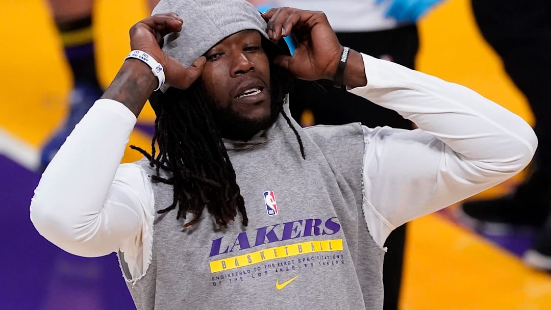 Former Los Angeles Lakers center Montrezl Harrell pulls on his sweatshirt hood during pregame warmups before playing the Phoenix Suns in game three in the first round of the 2021 NBA Playoffs. at Staples Center.