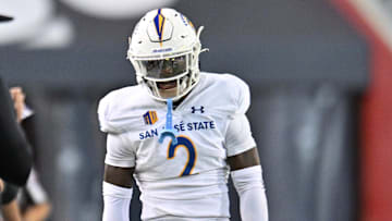 Sep 20, 2024; Pullman, Washington, USA; San Jose State Spartans defensive back DJ Harvey (2) celebrates a stop against the Washington State Cougars in the second half at Gesa Field at Martin Stadium. Mandatory Credit: James Snook-Imagn Images