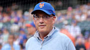 Aug 14, 2025; New York City, New York, USA; New York Mets owner Steve Cohen stands on the field before a ceremony to honor first baseman Pete Alonso (not pictured) for breaking the Mets all time home run record before a game against the Atlanta Braves at Citi Field. Mandatory Credit: Brad Penner-Imagn Images