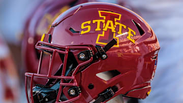 Nov 9, 2024; Kansas City, Missouri, USA; Iowa State Cyclones helmets on the bench during the first quarter against the Kansas Jayhawks at GEHA Field at Arrowhead Stadium. 