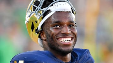Notre Dame Fighting Irish defensive lineman Jason Onye (47) watches in the closing minutes of the game against the Miami Redhawks.