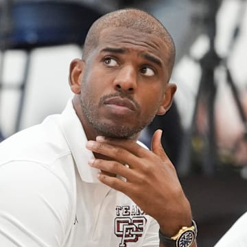 NBA player Chris Paul looks on as Team CP3 plays a game against Nightrydas at Nike EYBL at the Memphis Sports & Events Center on Saturday, May 17, 2025.