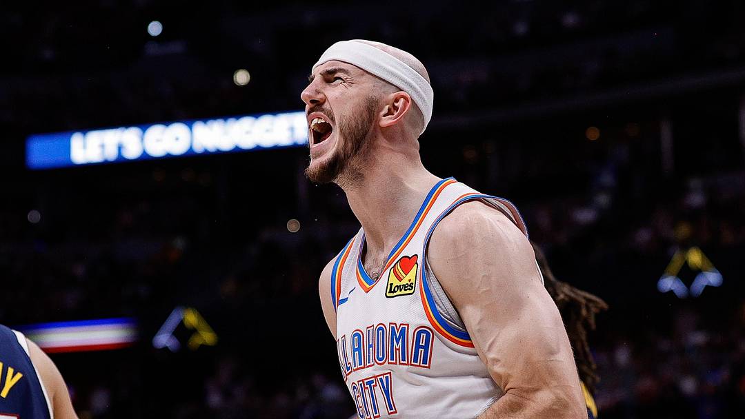 May 11, 2025; Denver, Colorado, USA; Oklahoma City Thunder guard Alex Caruso (9) reacts after a play in the fourth quarter against the Denver Nuggets during game four of the second round of the 2025 NBA Playoffs at Ball Arena. Mandatory Credit: Isaiah J. Downing-Imagn Images