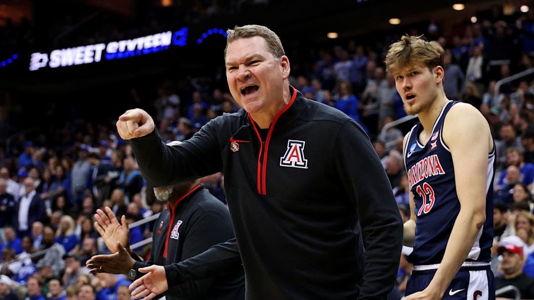 Mar 27, 2025; Newark, NJ, USA; Arizona Wildcats head coach Tommy Lloyd during the second half against the Duke Blue Devils during an East Regional semifinal of the 2025 NCAA tournament at Prudential Center. Mandatory Credit: Vincent Carchietta-Imagn Images