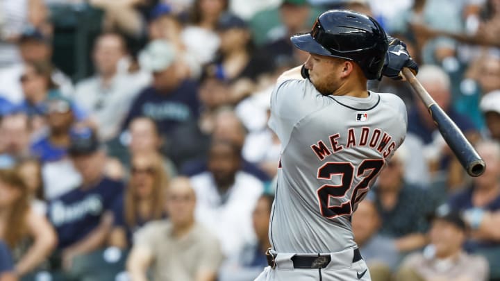 Aug 8, 2024; Seattle, Washington, USA; Detroit Tigers center fielder Parker Meadows (22) hits an RBI-double against the Seattle Mariners during the fifth inning at T-Mobile Park