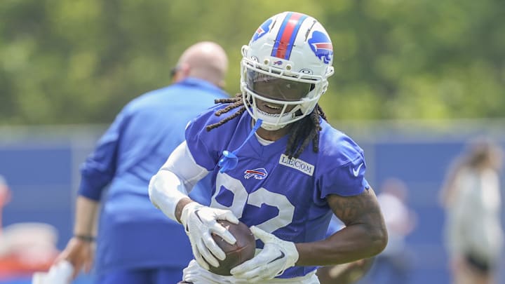 Jun 11, 2025; Orchard Park, NY, USA; Buffalo Bills wide receiver Kristian Wilkerson (82) makes a catch during Minicamp at Highmark Stadium. Jun 11, 2025; Orchard Park, NY, USA; Buffalo Bills wide receiver Kristian Wilkerson (82) makes a catch during Minicamp at Highmark Stadium.