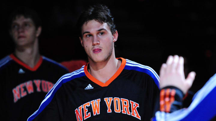 November 17, 2010; Sacramento, CA, USA; New York Knicks forward Danilo Gallinari (8) during player introductions before the game against the Sacramento Kings at ARCO Arena. The Knicks defeated the Kings 113-106. Mandatory Credit: Kyle Terada-USA TODAY Sports