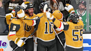May 3, 2024; Las Vegas, Nevada, USA; Vegas Golden Knights defenseman Noah Hanifin (15) celebrates with team mates after scoring a goal against the Dallas Stars during the third period of game six of the first round of the 2024 Stanley Cup Playoffs at T-Mobile Arena. Mandatory Credit: Stephen R. Sylvanie-Imagn Images