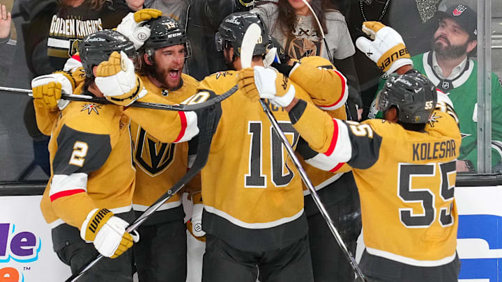 May 3, 2024; Las Vegas, Nevada, USA; Vegas Golden Knights defenseman Noah Hanifin (15) celebrates with team mates after scoring a goal against the Dallas Stars during the third period of game six of the first round of the 2024 Stanley Cup Playoffs at T-Mobile Arena. Mandatory Credit: Stephen R. Sylvanie-Imagn Images