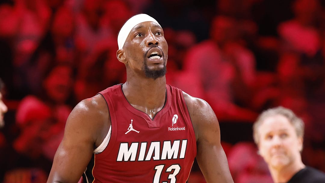 Mar 10, 2026; Miami, Florida, USA;  Miami Heat center Bam Adebayo (13) walks back to the bench during a time out against the Washington Wizards during the second half at Kaseya Center. Mandatory Credit: Rhona Wise-Imagn Images