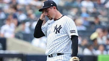 May 3, 2025; Bronx, New York, USA;  New York Yankees relief pitcher Mark Leiter Jr. (56) walks off the mound in the eighth inning against the Tampa Bay Rays at Yankee Stadium. Mandatory Credit: Wendell Cruz-Imagn Images