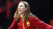 Mar 31, 2025; Spokane, WA, USA; USC Trojans head coach Lindsay Gottlieb reacts after a play against the UConn Huskies during the first half of an Elite 8 NCAA Tournament game at Spokane Arena. Mandatory Credit: James Snook-Imagn Images
