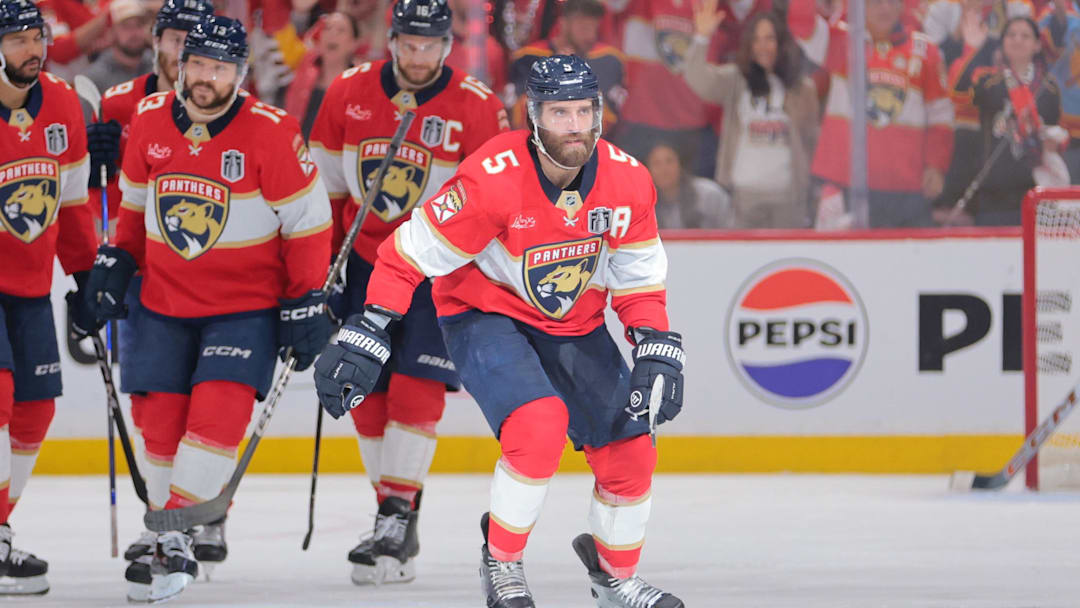 Jun 9, 2025; Sunrise, Florida, USA; Florida Panthers defenseman Aaron Ekblad (5) celebrates scoring during the third period against the Edmonton Oilers  in game three of the 2025 Stanley Cup Final at Amerant Bank Arena. Mandatory Credit: Sam Navarro-Imagn Images