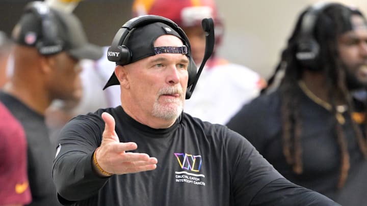 Washington Commanders head coach Dan Quinn reacts in the second half against the Los Angeles Chargers.