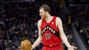 Mar 20, 2025; San Francisco, California, USA; Toronto Raptors center Jakob Poeltl (19) reacts during the fourth quarter against the Golden State Warriors at Chase Center. Mandatory Credit: John Hefti-Imagn Images