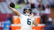 Dec 8, 2024; Glendale, Arizona, USA; Seattle Seahawks quarterback Sam Howell (6) against the Arizona Cardinals at State Farm Stadium. 