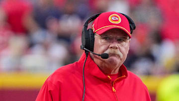 Aug 22, 2024; Kansas City, Missouri, USA; Kansas City Chiefs head coach Andy Reid watches play against the Chicago Bears during the first half at GEHA Field at Arrowhead Stadium. Mandatory Credit: Denny Medley-Imagn Images