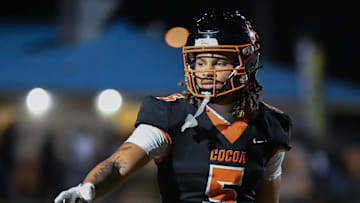 Jayvan Boggs of Cocoa lines up with the side judge during the game against Rockledge in the annual Barbecue Bowl Friday, November 1, 2024. Craig Bailey/FLORIDA TODAY via USA TODAY NETWORK