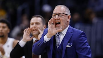 March 20, 2025; Denver, CO, USA; Texas A&M Aggies head coach Buzz Williams reacts during the first half against the Yale Bulldogs at Ball Arena. Mandatory Credit: Ron Chenoy-Imagn Images