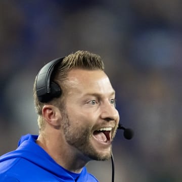 Jan 13, 2025; Glendale, AZ, USA; Los Angeles Rams head coach Sean McVay celebrates a touchdown against the Minnesota Vikings during an NFC wild card game at State Farm Stadium. Mandatory Credit: Mark J. Rebilas-Imagn Images