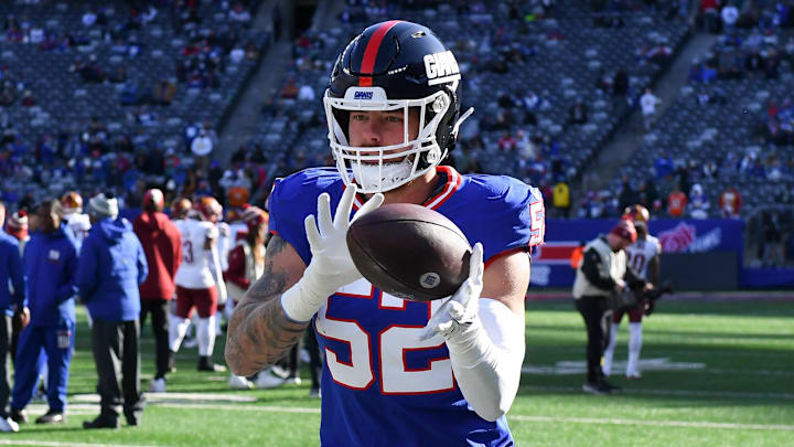 Dec 4, 2022; East Rutherford, New Jersey, USA; New York Giants linebacker Carter Coughlin (52) warms up prior to the game against the Washington Commanders at MetLife Stadium. Mandatory Credit: Rich Barnes-Imagn Images