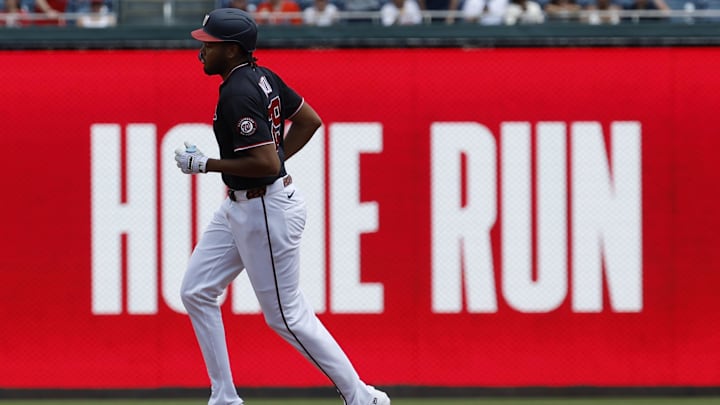 Apr 23, 2026; Washington, District of Columbia, USA; Washington Nationals left fielder James Wood (29) rounds the bases after hitting a home run on the first pitch of the game against the Atlanta Braves during the first inning at Nationals Park. Mandatory Credit: Geoff Burke-Imagn Images
