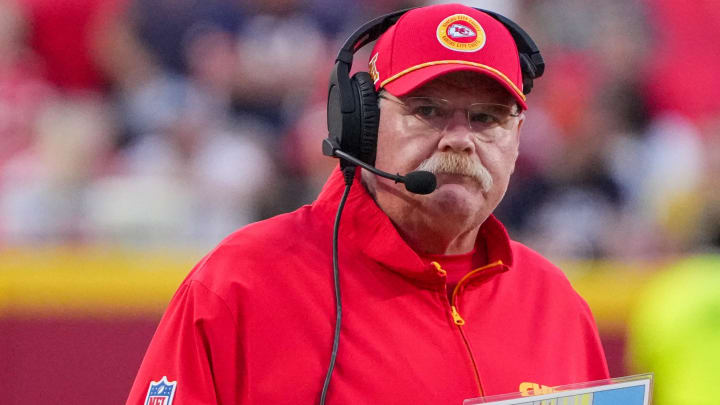 Aug 22, 2024; Kansas City, Missouri, USA; Kansas City Chiefs head coach Andy Reid watches play against the Chicago Bears during the first half at GEHA Field at Arrowhead Stadium. Mandatory Credit: Denny Medley-USA TODAY Sports