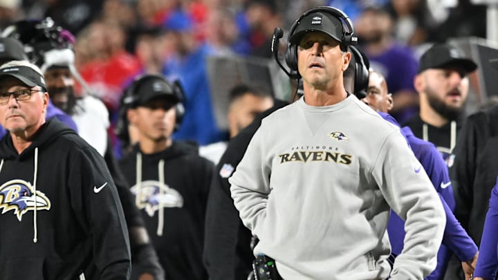Sep 7, 2025; Orchard Park, New York, USA;  Baltimore Ravens head coach John Harbaugh looks on during the third quarter against the Buffalo Bills at Highmark Stadium. Mandatory Credit: Mark Konezny-Imagn Images
